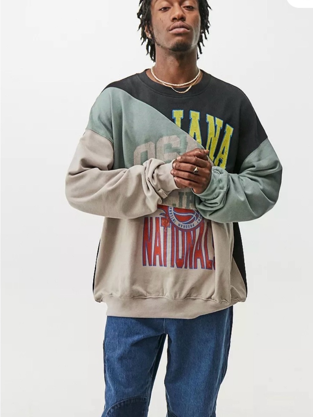 BDG Colorblock Graphic Crewneck Sweater in Black, Sage & Beige